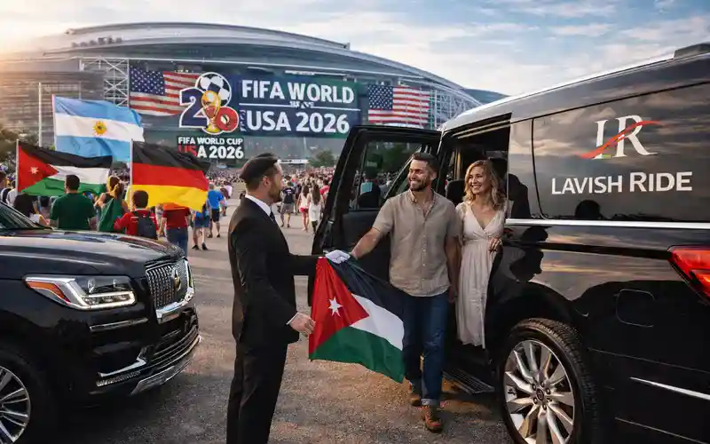 FIFA World Cup 2026 luxury transportation outside a stadium, Jordanian fans arriving with national flags as a Lavish Ride chauffeur assists clients stepping out of a black Lincoln Navigator SUV.